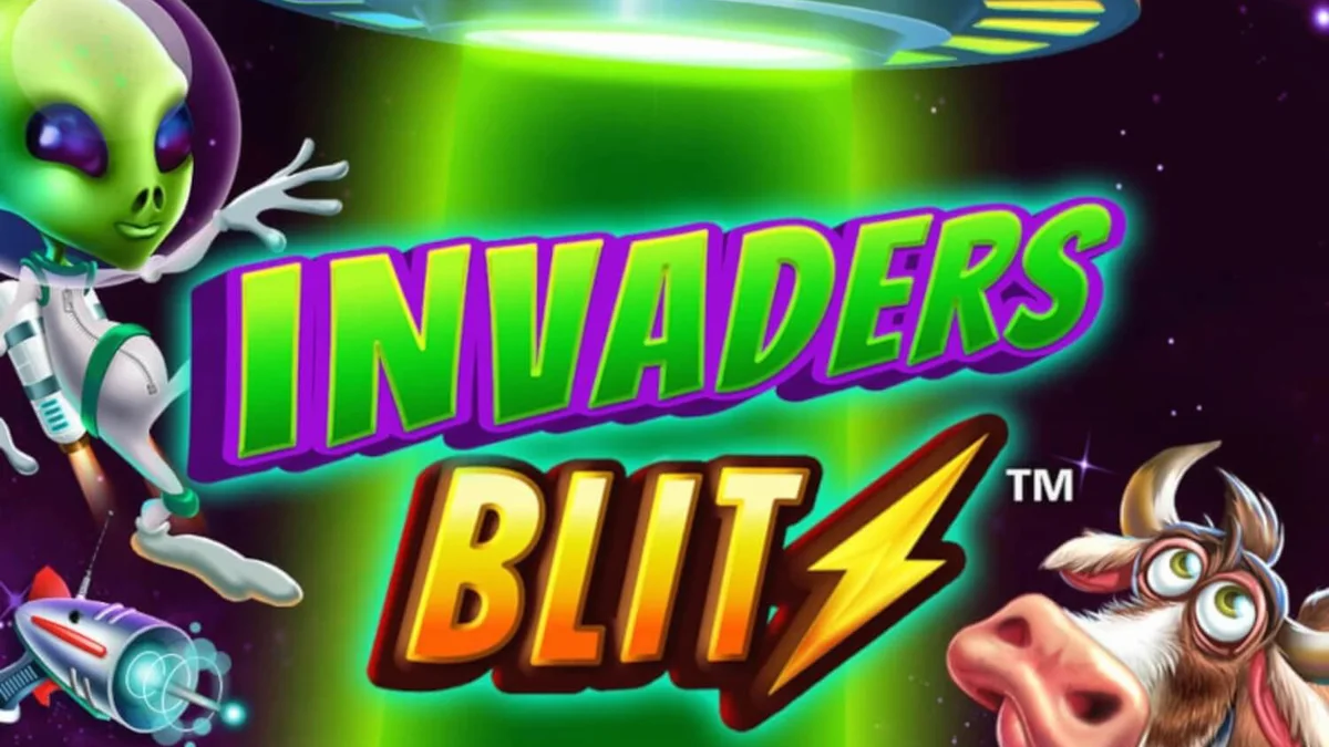 Interface do jogo de slot Invaders Blitz com tema de invasão alienígena