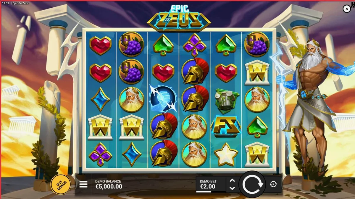 Interface do jogo de slot Epic Ze Zeus com tema de mitologia grega e relâmpagos