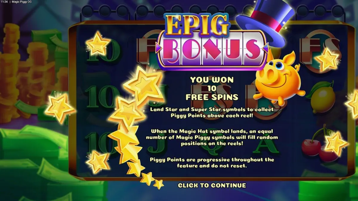 Interface do jogo Magic Piggy OG com elementos de porquinhos dourados e luzes neon